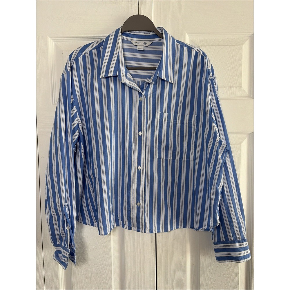 Old Navy The Cropped Shirt Womens Size XL Blue White Striped Button Down Cotton